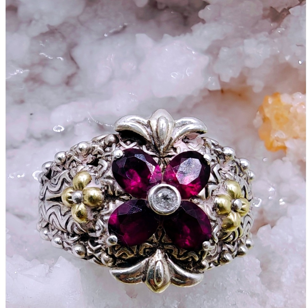 Barbara Bixby Sterling‎ Silver 18K Gold  Garnet White Topaz Floral Ring. Size 7